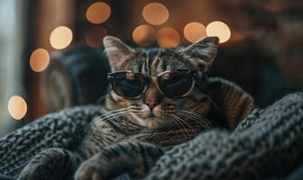 ai genererad söt tabby katt bär solglasögon och stickat Tröja liggande på pläd. foto