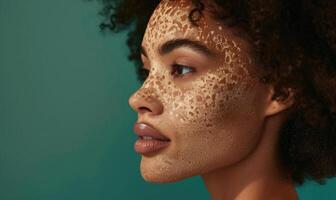 ai genererad skönhet porträtt av ung afrikansk amerikan kvinna med vitiligo hud. foto