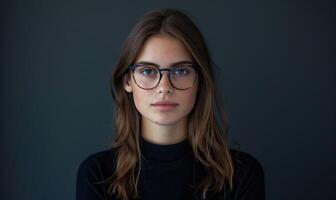 ai genererad porträtt av en skön ung kvinna i glasögon på en mörk bakgrund. foto