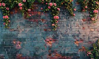 ai genererad gammal tegel vägg med rosa blommor och grön löv. abstrakt bakgrund. foto