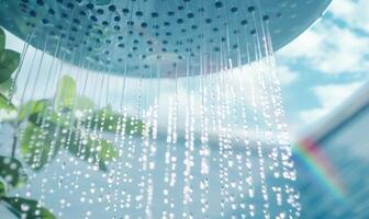 ai genererad dusch huvud med vatten droppar och grön växter i de badrum. foto