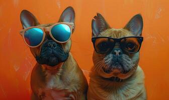 ai genererad två franska bulldogg hundar bär solglasögon och ser på de kamera på orange bakgrund foto