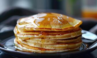 ai genererad pannkakor med lönn sirap och honung. grund dof. foto