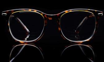 ai genererad glasögon på en svart bakgrund med reflexion, närbild. foto