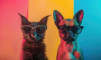 ai genererad rolig katt och hund i glasögon på färgrik bakgrund. studio skott. foto