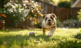 ai genererad lekfull bulldogg valp jagar en boll i en bakgård trädgård foto