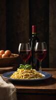 ai genererad pasta med kött, grönsaker och vin foto