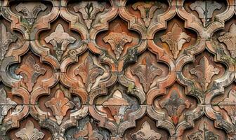 ai genererad fragment av de Fasad av ett gammal tegel byggnad med en dekorativ prydnad. foto