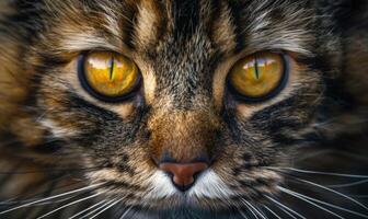 ai genererad närbild porträtt av en maine Coon katt visa upp dess slående bärnsten ögon foto
