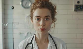 ai genererad porträtt av ung kvinna läkare med stetoskop på sjukhus. foto