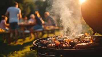 ai genererad en fräsande utegrill grill omgiven förbi vänner och familj, med plymer av rök stigande mot en klar sommar himmel. foto