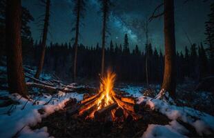 ai genererad bål i de natt skog foto