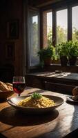 ai genererad pasta med kött, grönsaker och vin foto