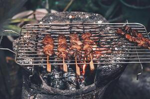 bitar av nötkött grillspett grillad på en grillspett i en lera ugn. foto