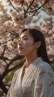 ai genererad utomhus- skön mode ung koreanska flicka med blomma körsbär blomma bakgrund foto