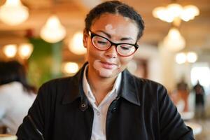 en skön ung flicka av afrikansk etnicitet med vitiligo Sammanträde i en restaurang foto