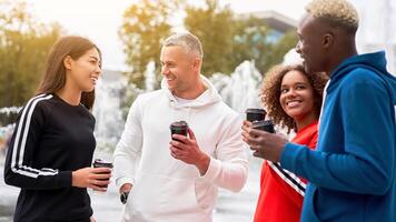 multietnisk grupp människor Tonårs vänner. afro-amerikansk, asiatisk, caucasian studerande utgifterna tid tillsammans raser vänskap foto