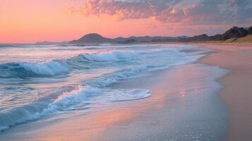 ai genererad strand på solnedgång med vågor foto