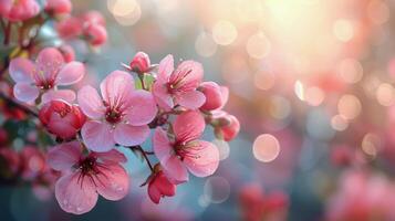 ai genererad en knippa av rosa blommor på en gren foto