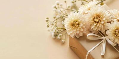 ai genererad gåva låda på en pastell bakgrund med en bukett av vit blommor. minimalistisk bakgrund med kopia Plats foto