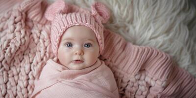 ai genererad nyfödd bebis i en söt stickat hatt på en pastell ljus bakgrund foto