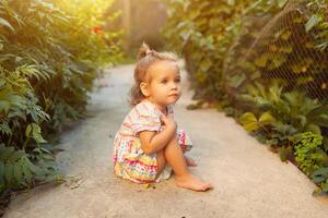 en liten flicka klädd i en modern klänning promenader i de bakgård eller i de parkera på en värma sommar solig eftermiddag, sommar semester begrepp foto