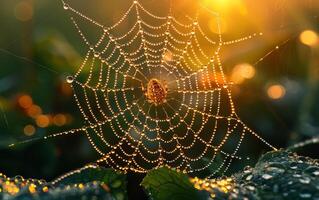 ai genererad Spindel webb med dagg droppar i de morgon- foto