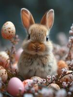 ai genererad söt liten kanin i korg med påsk ägg foto
