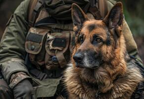 ai genererad militär hund och hans hanterare. en en tysk herde hund är Sammanträde Nästa till en person foto