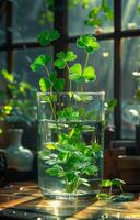 ai genererad glas vas är fylld med vatten och grön växter. en vitklöver löv. foto