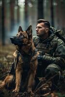 ai genererad militär soldat och hund i de skog foto