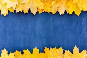 höst löv ram på blå bakgrund topp se falla gräns gul och orange löv årgång strukturera tabell kopia Plats för text. foto