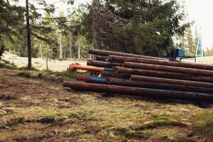 rostig metall rör i de skog närbild foto