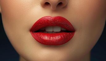 ai genererad närbild av kvinnas mun med röd läppstift foto