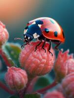 ai genererad nyckelpiga på blomma. en skön lady insekt i de trädgård foto