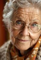 ai genererad porträtt av äldre kvinna med glasögon foto