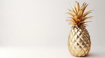 ai genererad gyllene ananas tillverkad av guld på en vit bakgrund, lämplig för minimalistisk design eller premie produkt illustration, betona värde och elegans. exklusiv frukt. baner foto