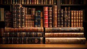 ai genererad antik styled böcker anordnad ordentligt på trä- hyllor. begrepp av antikvarisk böcker, klassisk litteratur, och Hem bibliotek estetik foto