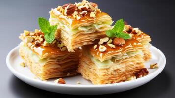 ai genererad smaskigt turkiska efterrätt baklava med honung glasyr och nötter. begrepp av medelhavs desserter, ljuv bakverk flathet, orientalisk sötsaker, och traditionell gourmet behandla foto