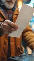 ai genererad manlig hand placering valsedel in i röstning låda på polling station. äldre man röstning. väljare. begrepp av demokrati, val, politisk bearbeta, frihet, mångfald foto