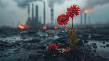 ai genererad blommor döende från luft förorening i förorening från industriell bakgrund foto