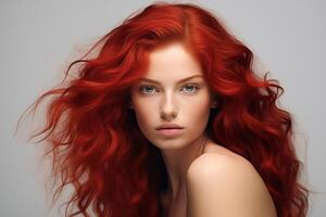 ai genererad närbild porträtt av en flicka med lockigt röd hår foto