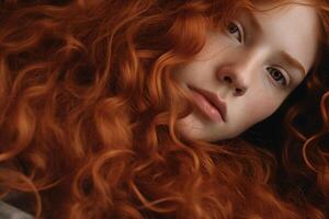 ai genererad närbild porträtt av en flicka med lockigt röd hår foto
