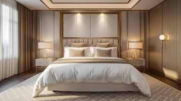 ai genererad design av en modern dyr hotell rum i ljus färger med vit sängkläder, guld beslag och lampor foto