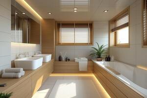 ai genererad interiör design av en modern ljus badrum med vit keramik och trä- beslag foto