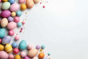 ai genererad ägg målad i pastell färger på en vit bakgrund. tömma Plats. foto