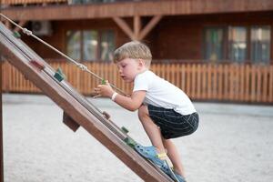 pojke spela lekplats barn klättrande rep utomhus- barn friska sommar aktivitet foto