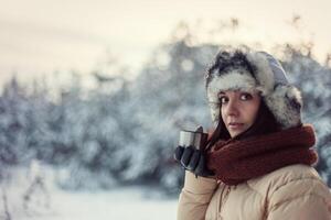 skön flicka i en snöig vinter- skog dricka varm te från en termos foto