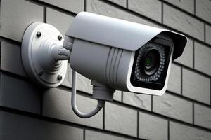 ai genererad cCTV övervakning säkerhet kamera Utrustning i en torn Hem och hus byggnad monterad på en grå vägg för utanför säkerhet systemet foto
