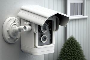 ai genererad cCTV övervakning säkerhet kamera Utrustning i en torn Hem och hus byggnad monterad på en vägg för utanför säkerhet systemet foto